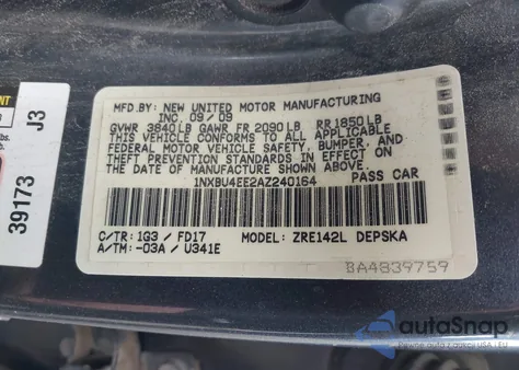 2010 Toyota Corolla S z USA, uszkodzony, nr VIN 1NXBU4EE2AZ240164